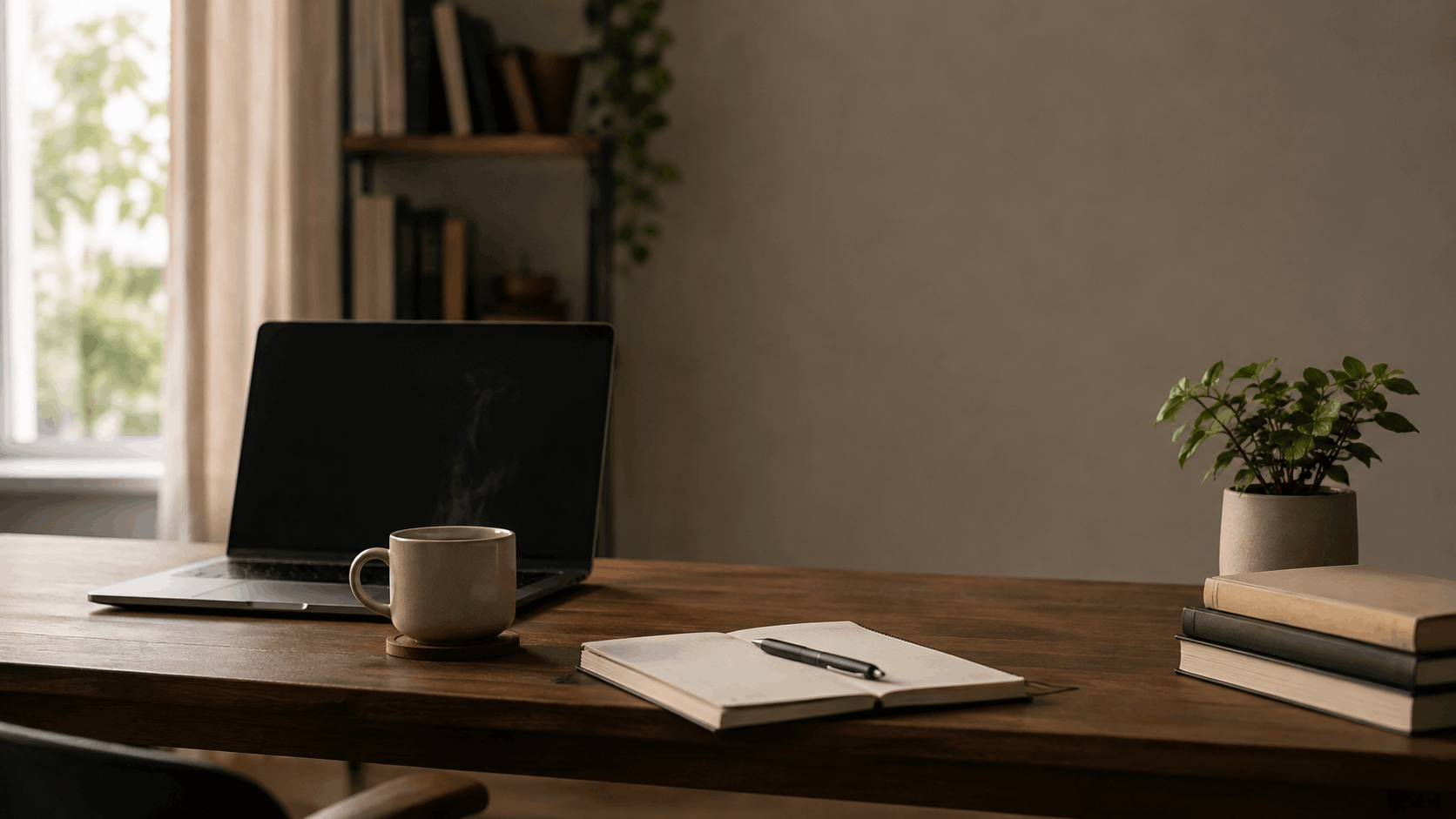 Minimalist desk with a notebook, coffee mug, and closed laptop in warm morning light
