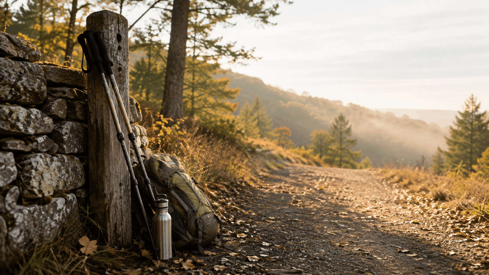 Trekking poles and a water bottle resting at a sunlit forest trailhead